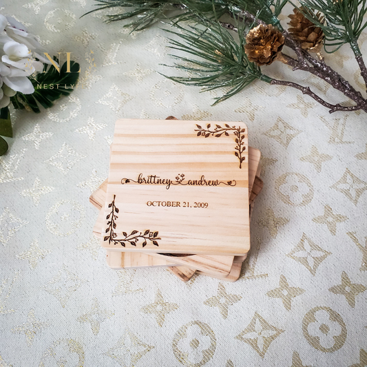 Personalized Leaf Vine Wood Coaster