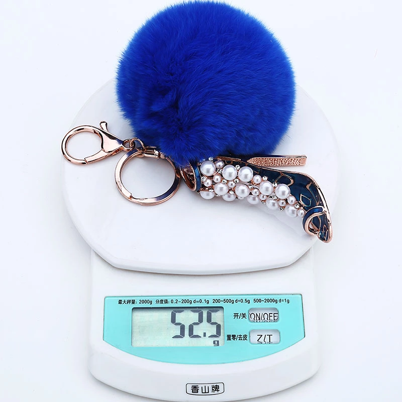 Rhinestone Shoe Shape Faux Fur Pompom Key Chain and bag Charm