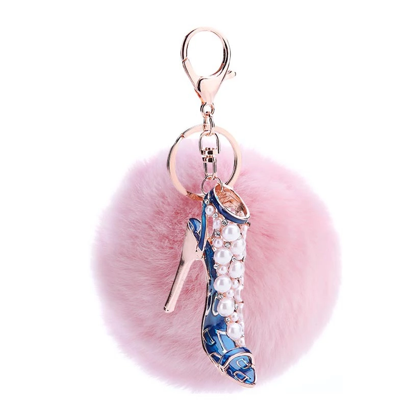 Rhinestone Shoe Shape Faux Fur Pompom Key Chain and bag Charm