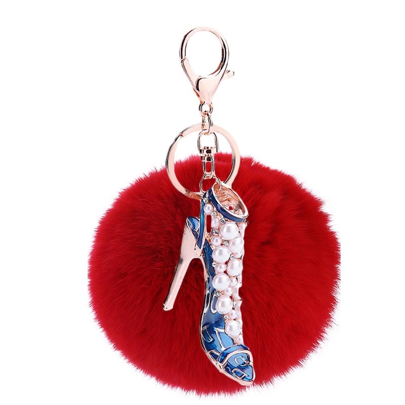 Rhinestone Shoe Shape Faux Fur Pompom Key Chain and bag Charm