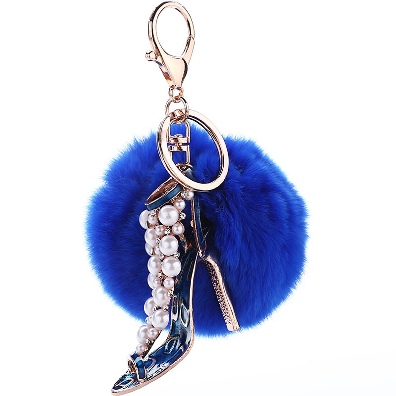 Rhinestone Shoe Shape Faux Fur Pompom Key Chain and bag Charm