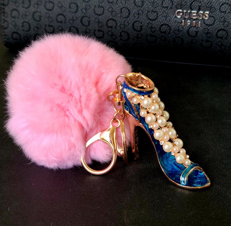 Rhinestone Shoe Shape Faux Fur Pompom Key Chain and bag Charm