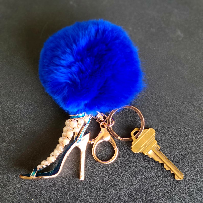 Rhinestone Shoe Shape Faux Fur Pompom Key Chain and bag Charm