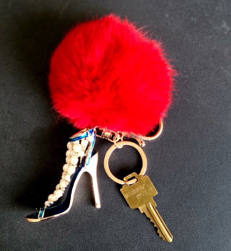 Rhinestone Shoe Shape Faux Fur Pompom Key Chain and bag Charm