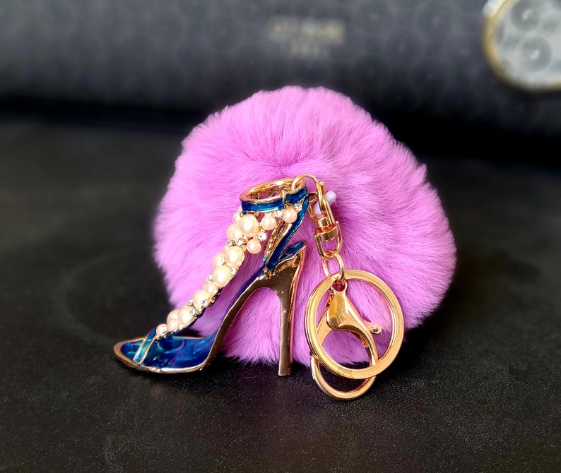 Rhinestone Shoe Shape Faux Fur Pompom Key Chain and bag Charm
