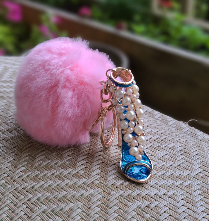 Rhinestone Shoe Shape Faux Fur Pompom Key Chain and bag Charm