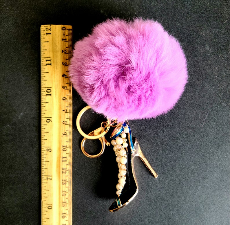 Rhinestone Shoe Shape Faux Fur Pompom Key Chain and bag Charm