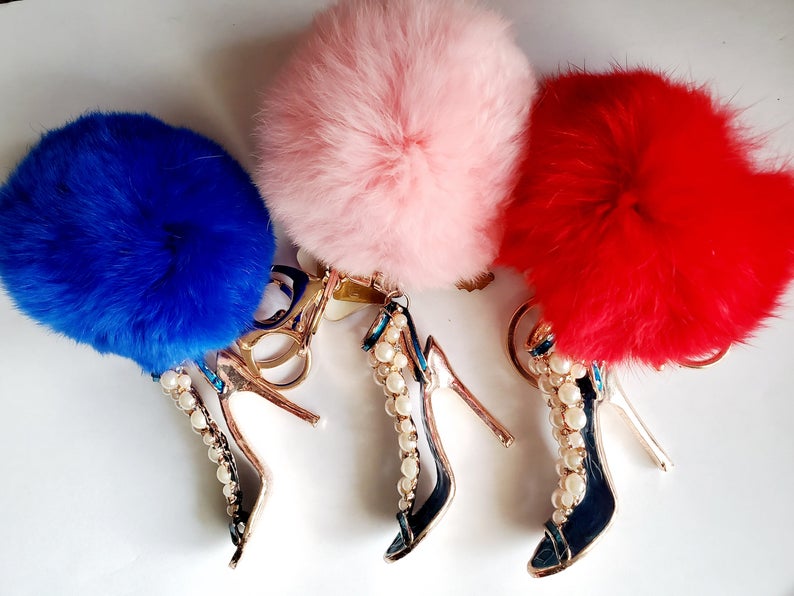 Rhinestone Shoe Shape Faux Fur Pompom Key Chain and bag Charm