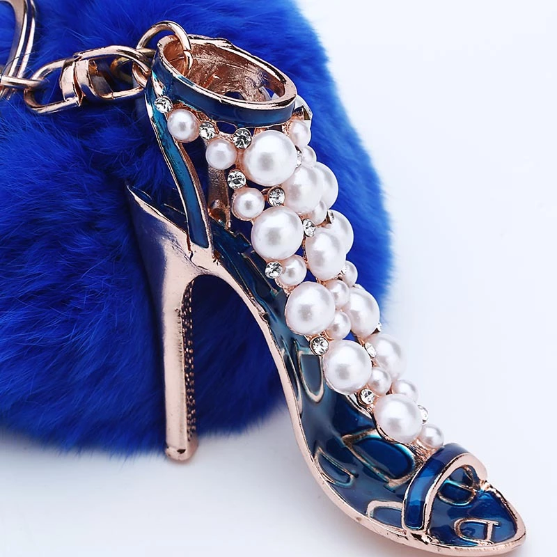 Rhinestone Shoe Shape Faux Fur Pompom Key Chain and Bag Charm Blue